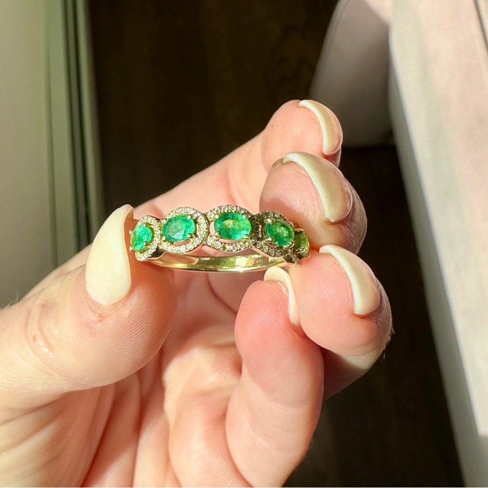 14k gold, natural diamond and lab created emerald band.
